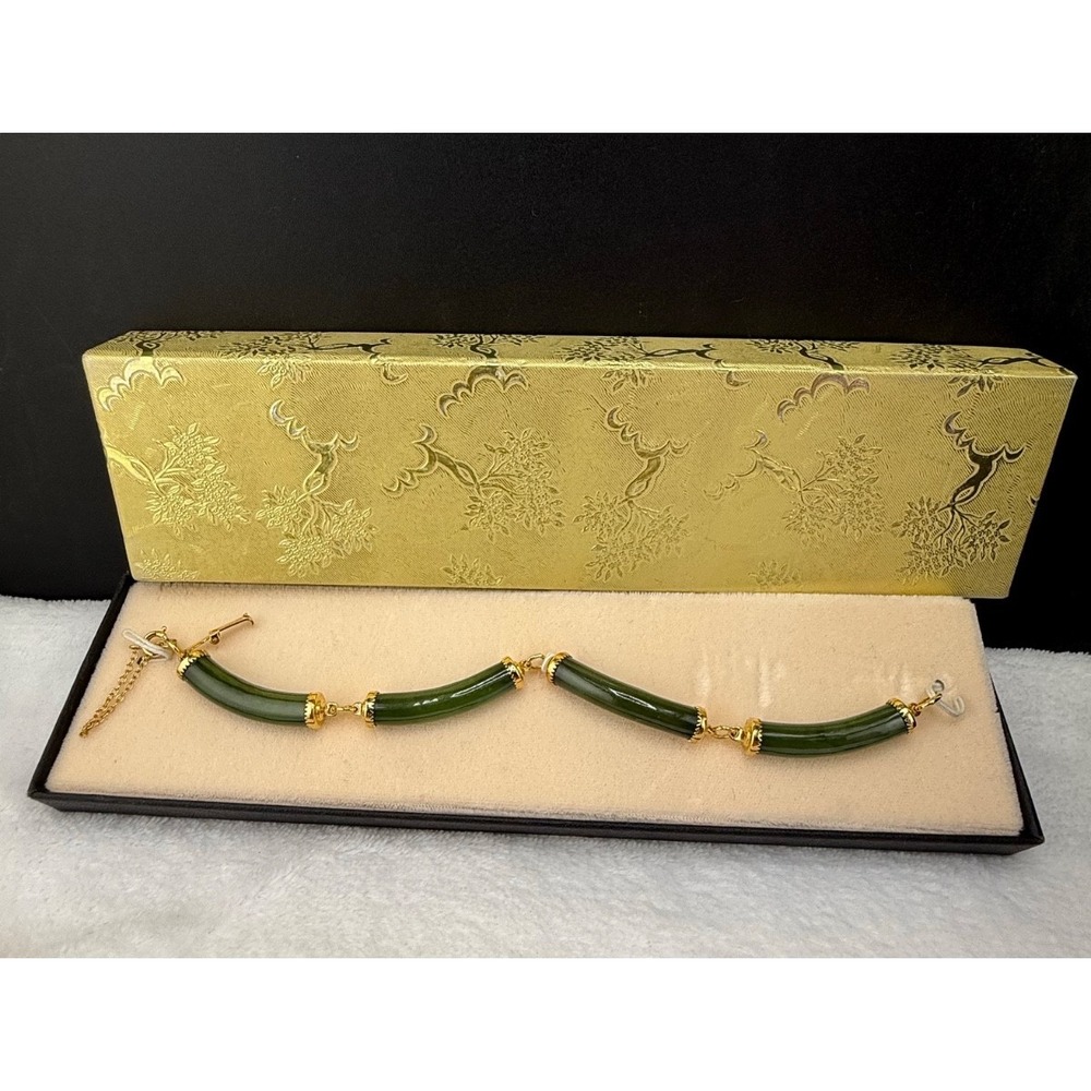 Vintage Estate Bracelet Green Polished Stone Jadite Chinese‎ Gold Tone 6.5"